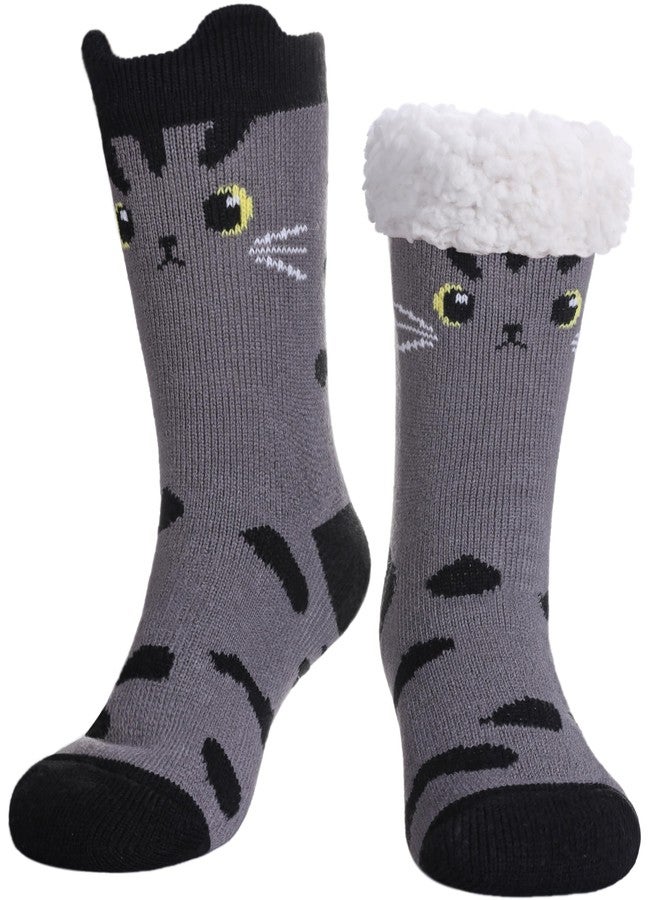 جوارب FNOVCO Cat Socks الناعمة للنساء مع مشابك مانعة للانزلاق، جوارب دافئة ومريحة مبطنة بفرو الشيربا (رمادي وأسود، 5-9) - Image 1